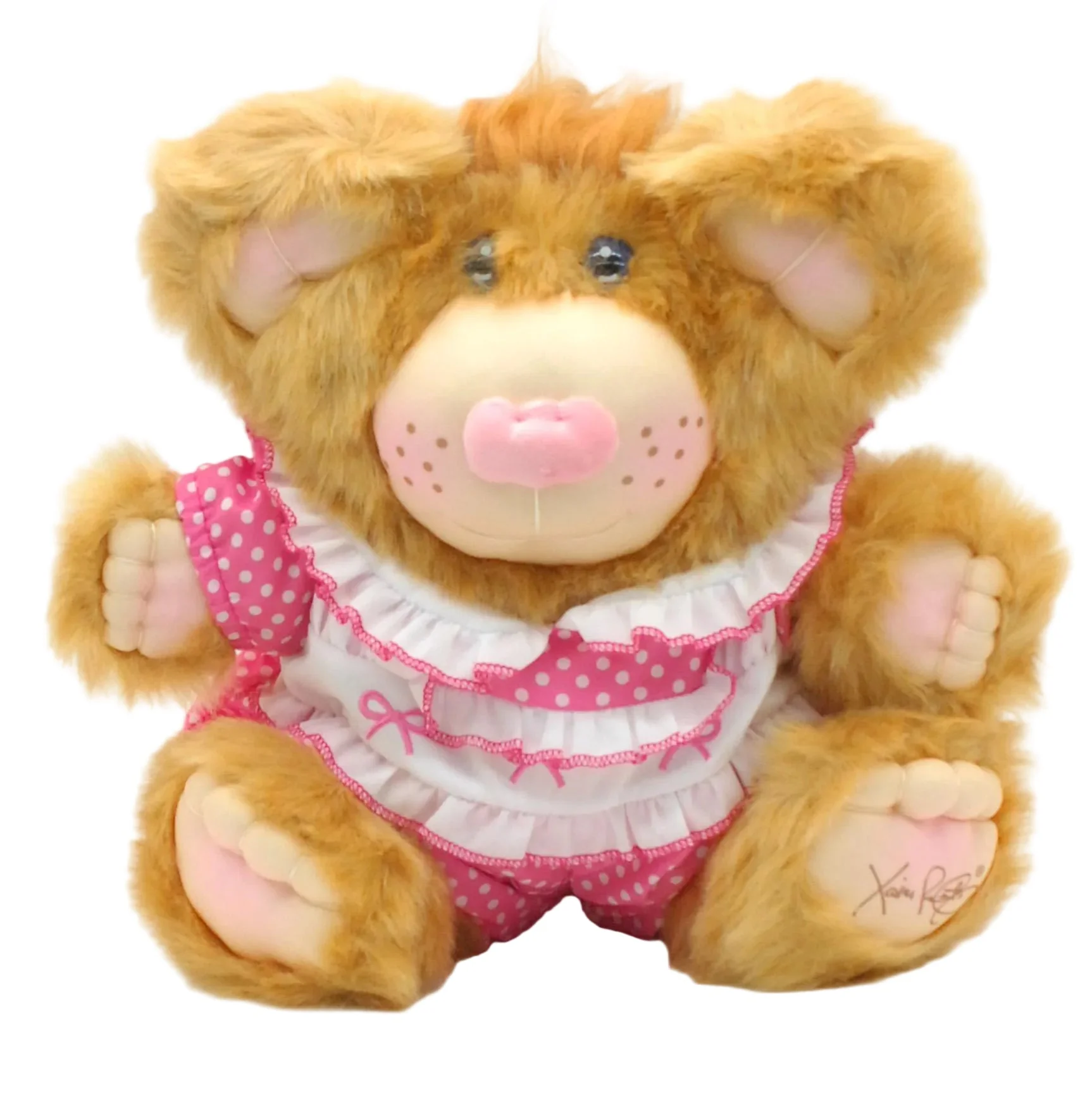 A1 An Original Xavier Roberts Furskins Pink Nose Blue Eyes Romper Pink Polka Dot
